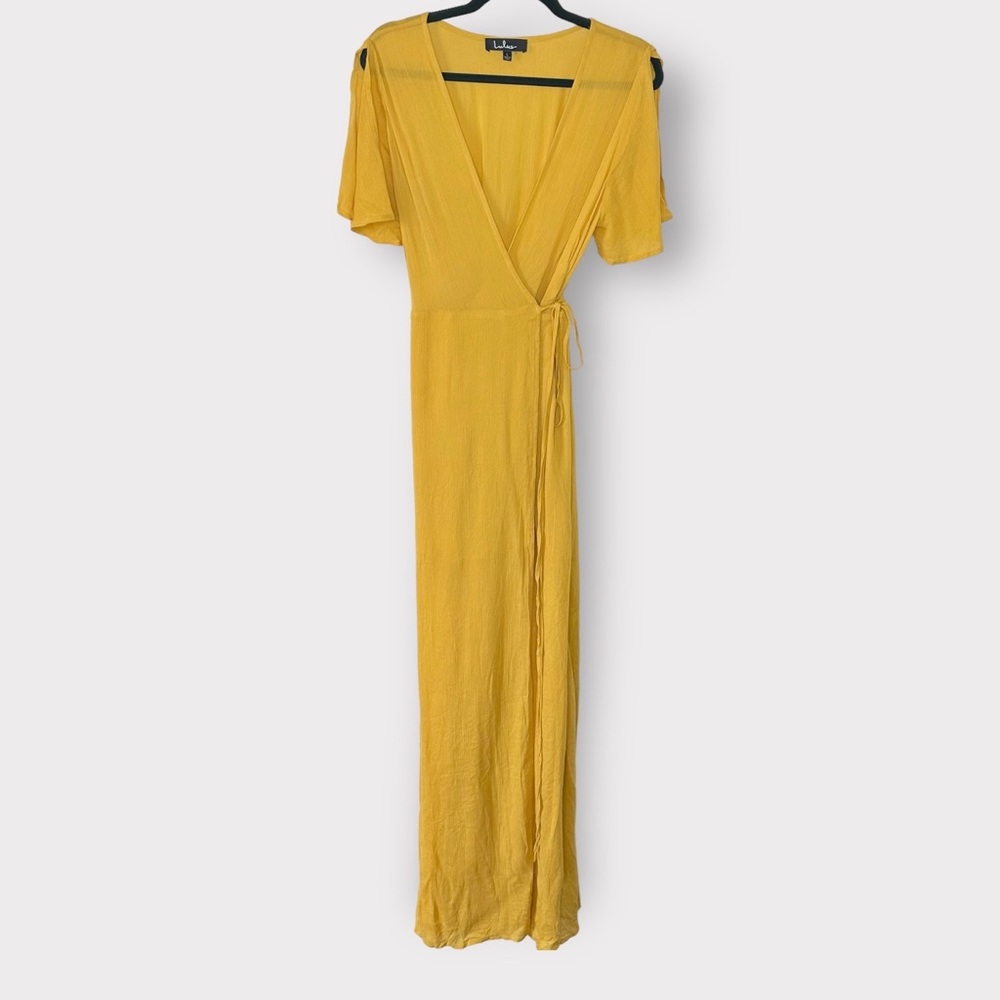 Lulu’s Much Obliged Golden Wrap Dress Large - Picture 2 of 4